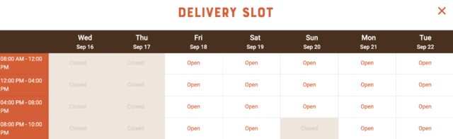 The Sweet Potato Toronto - a grid of dates and times will pop up and you can choose your best delivery time window
